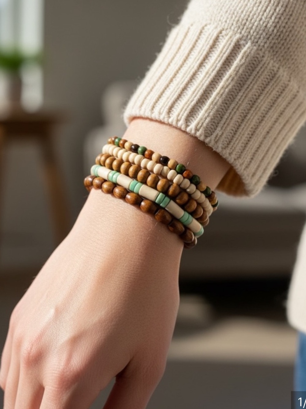Boho Layered Wood and Mint Bead Bracelet Stack